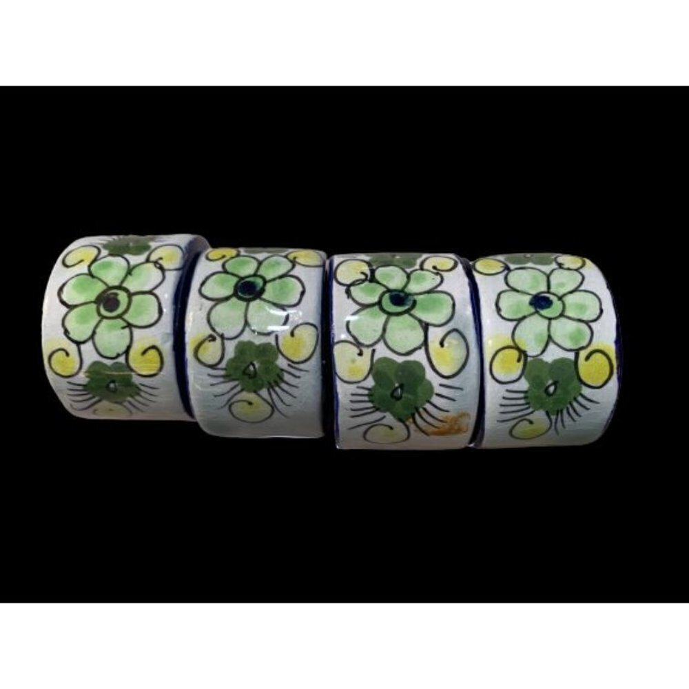 Set of 4 Made in Mexico Tonala Green Floral Hand Painted Napkin Rings